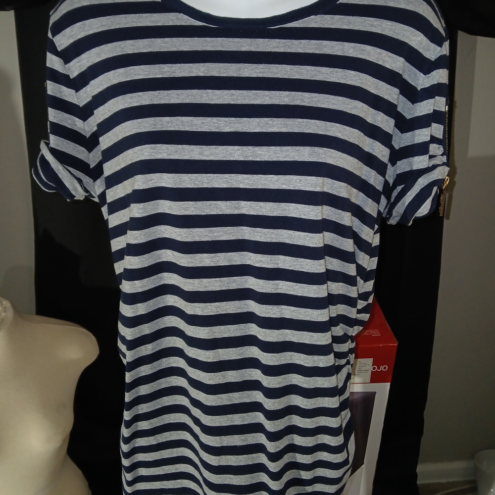 Michael Kors Navy and Gray Striped Ruched Shirt